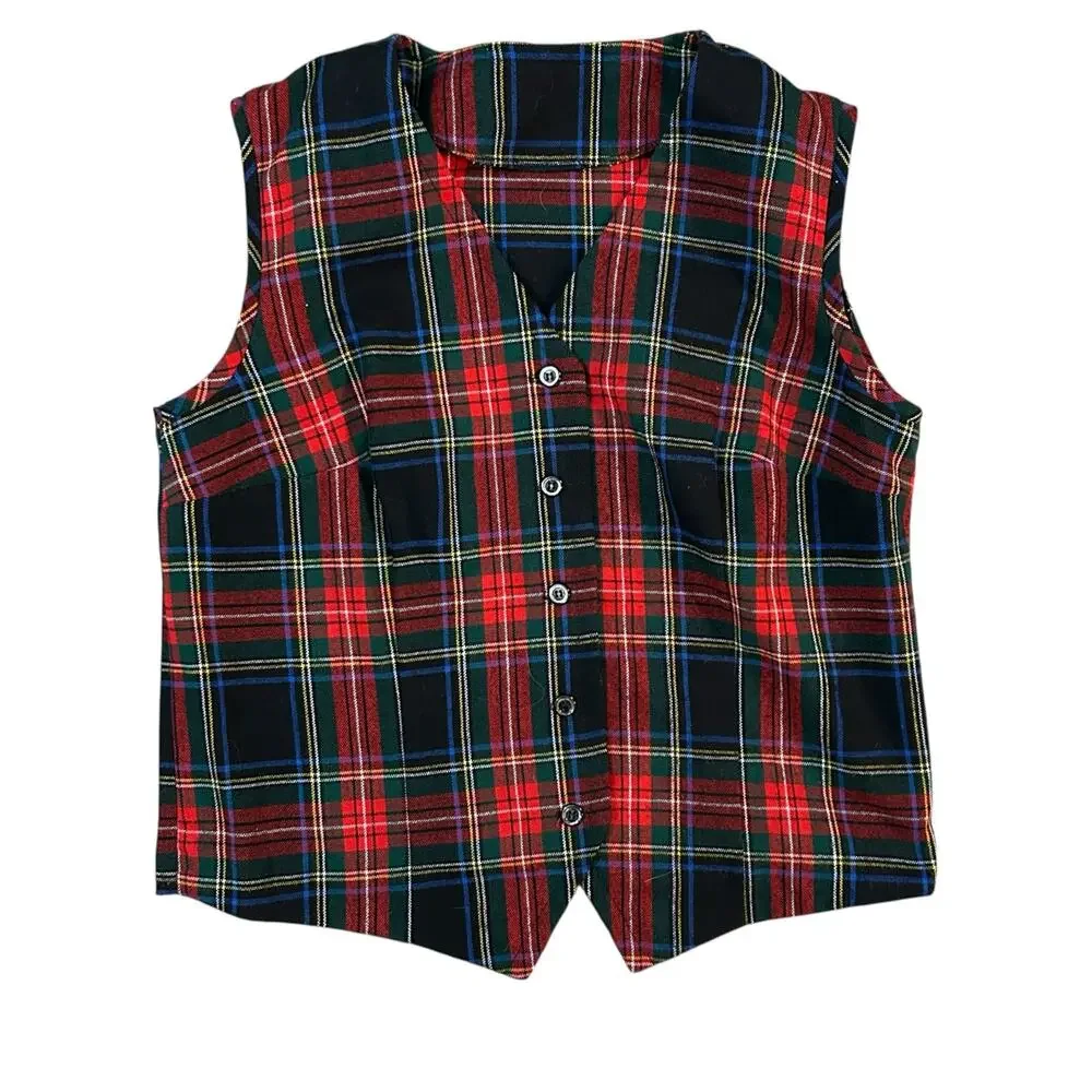 Tartan Plaid Button Up Vest Unlined Womens Large Red Black Preppy Academia Poet